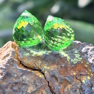 27.4 Carat Matched Set of Green Quartz Briolette Beads, NWT, Drilled, 15mmx12mm